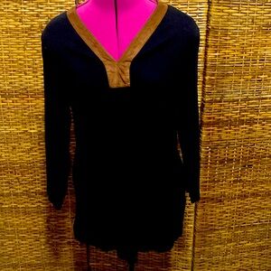 EUC Lauren Ralph Lauren Black with brown Faux Suede Trim V-Neck‎ tunic XL